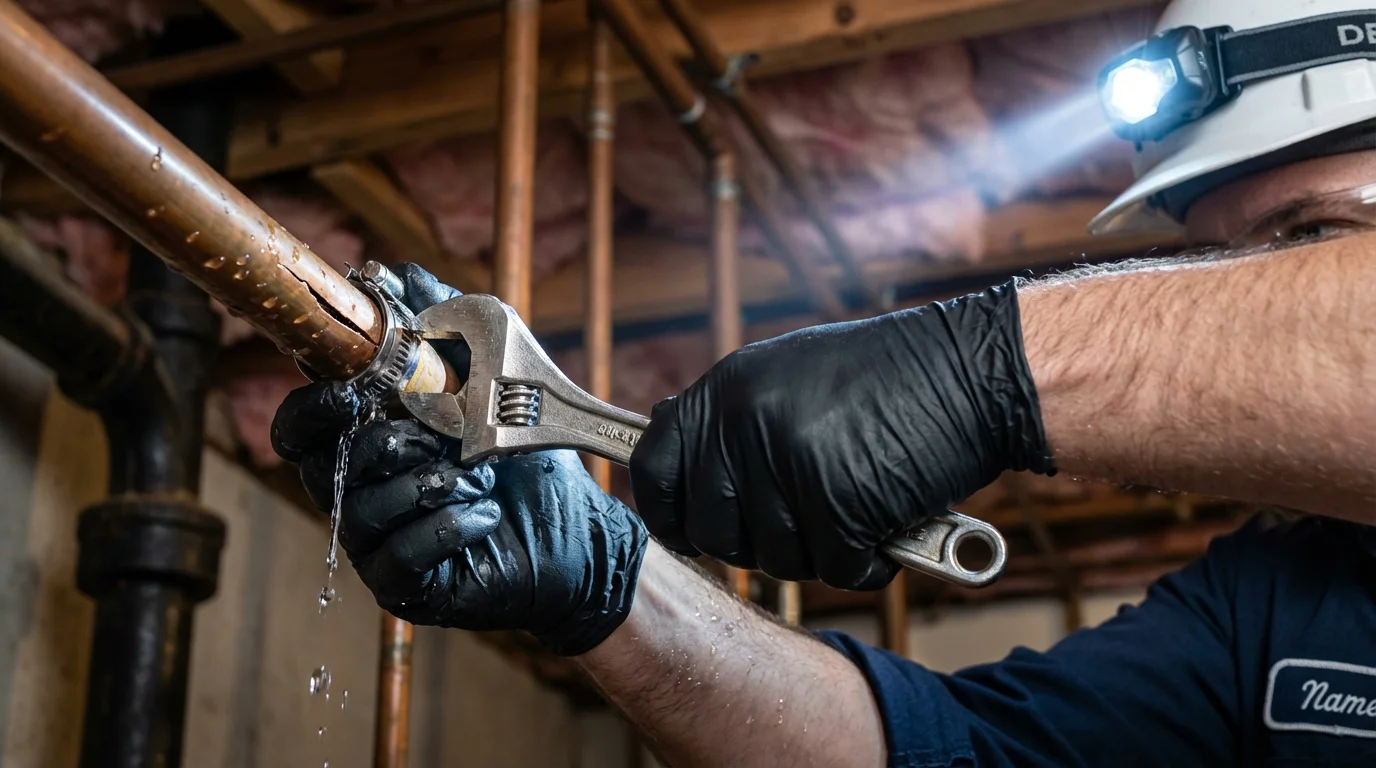 Emergency pipe clamp repair being performed by a Johns Plumbing LLC plumber in Winfield